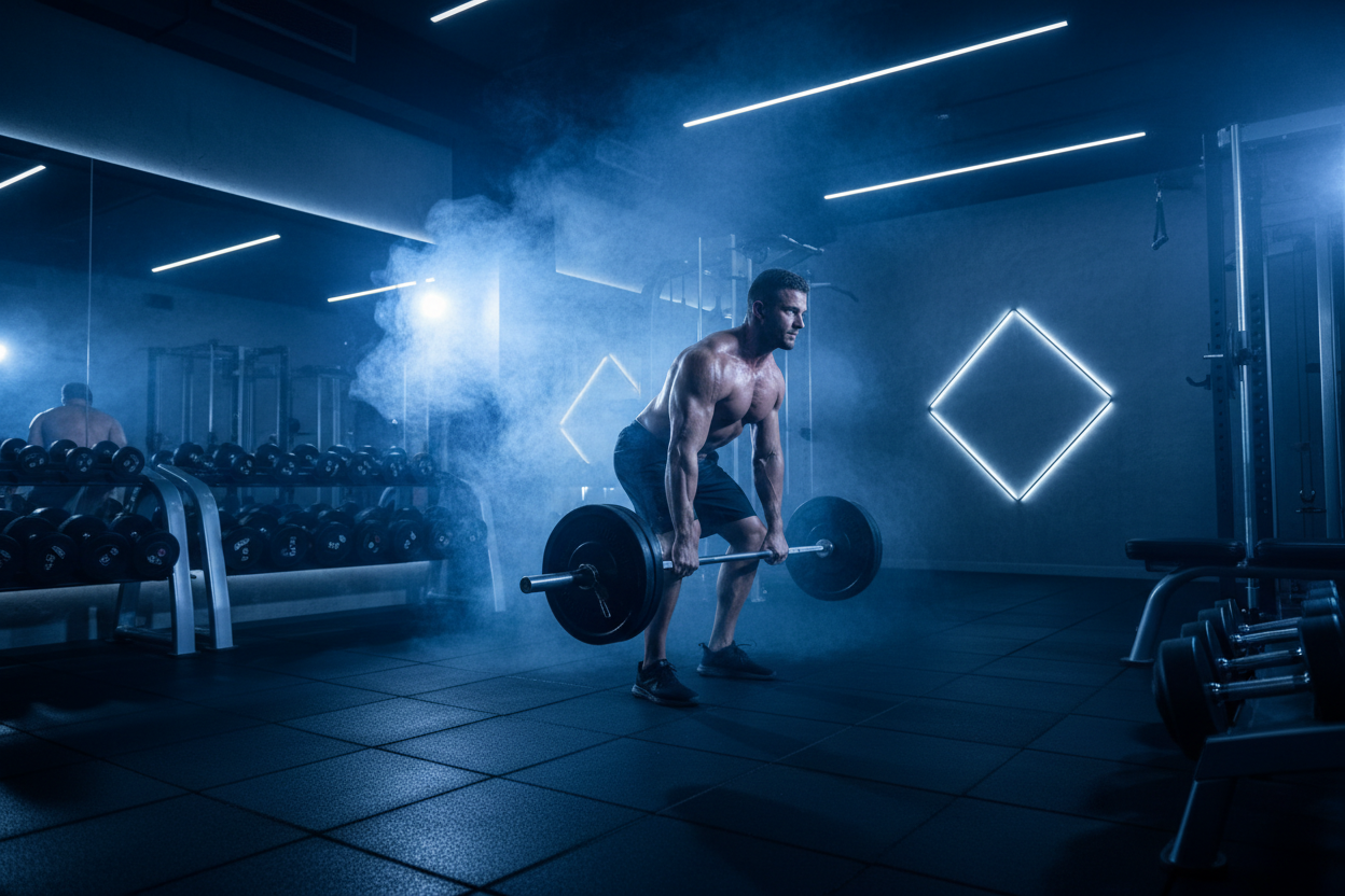 man lifting weights in smokey gym blue 